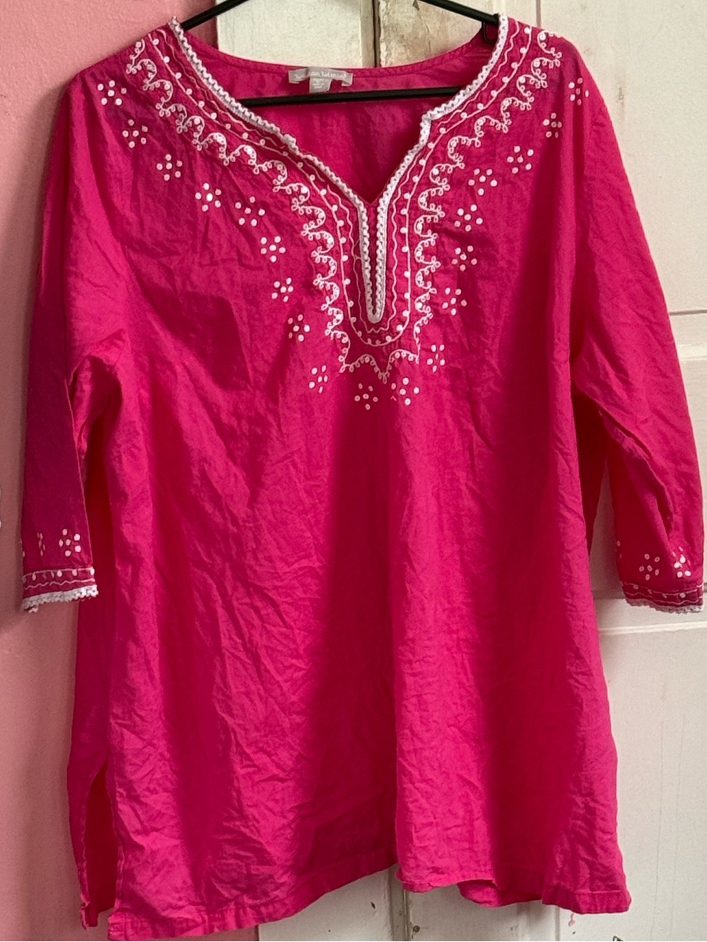 Woman Within Hot Pink V-Neck Embroidered Tunic